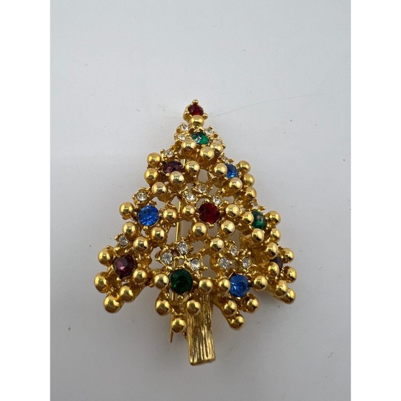 Vintage Gold Tone Christmas Tree Multi Rhinestones Brooch Pin - Picture 1 of 5
